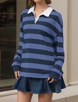 Meladyan Rugby Shirt Women Polo Striped Sweatshirt Oversized Long Sleeve Lapel V Neck Pullover Top Y2K Streetwear Blouses