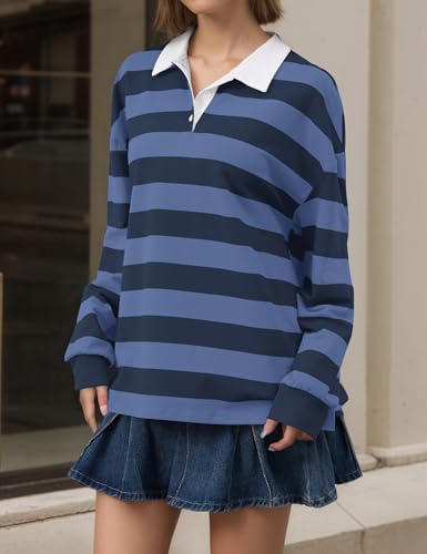 Meladyan Rugby Shirt Women Polo Striped Sweatshirt Oversized Long Sleeve Lapel V Neck Pullover Top Y2K Streetwear Blouses