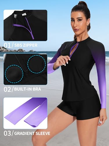 ATTRACO Womens Rash Guard Sets Long Sleeve Swimsuits with Built-in Bra UPF 50 UV Protection Shirts Purple M