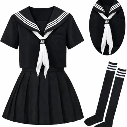 BUITVOZE Japanese Sailor Uniform for Women, 4 Piece Anime JK Cosplay Outfit with Pleated Skirt, Scarf & Socks(Black Short-Sleeve Shirt, Asia 5XL)