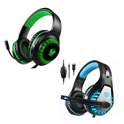 Pacrate Gaming Headset for PS4, Xbox One, PC with Noise Cancelling Microphone - Surround Sound Gaming Headphones - Soft Memory Over Ear with LED Light for Mac, Laptop (Black Green+Black Blue)