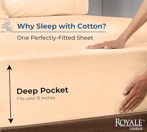 Image of Royale Linens 100% Organic Cotton Fitted Sheet - Percale Weave - Super Soft Deep Pocket Bottom Sheets - Elastic Sheet Twin XL Size - Twin XL Fitted Sheets Only - (39 inchx80 inch+15 inch, Sand)