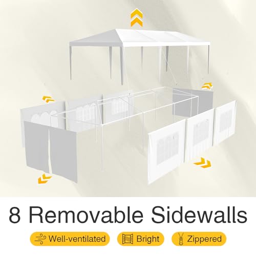 Greesum 10x30 Outdoor Canopy Tent Patio Camping Heavy Duty Gazebo Shelter Party Wedding BBQ Events with Side Removable Walls, Waterproof Shelter, White