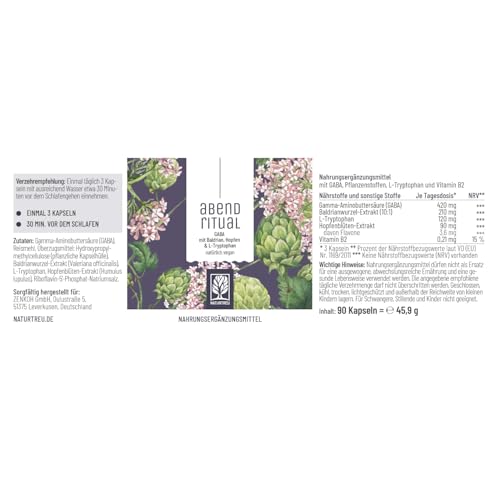 NATURTREU® GABA Kapseln hochdosiert mit Baldrian, Tryptophan, Hopfen – GABA Komplex hochdosiert - 90 Kapseln - Vegan & ohne Zusatzstoffe