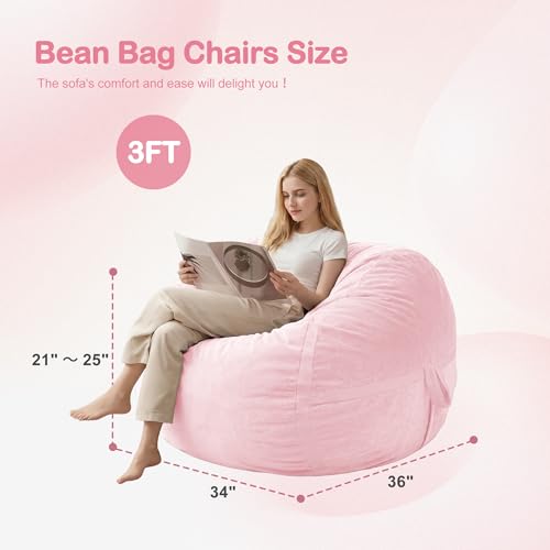 Image of 3FT Bean Bag Chair 3'Big Bean Bag Chairs with Adults, Large Beanbag Chair | Bean bags with Machine Washable Cover Dutch Velvet Fabric, Comfy Chairs for Living Room Bedroom Dorm, Pink