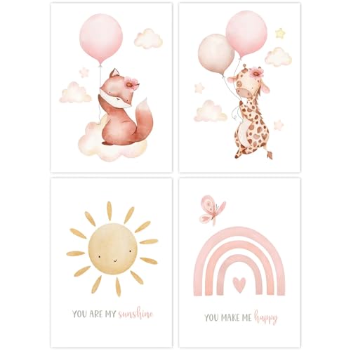 Eclove 4-Pack Girls' Room Posters – Pink Fox & Giraffe Wat