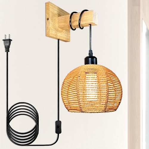 Image of Plug in Wall Sconces 3-Way Dimmable Crystal Bulb Included with Plug in Cord & Paper Woven Shade. Boho Rattan Wall Lamp Beside Reading Lighting for Living Room Bedroom(ZYWL - F01)