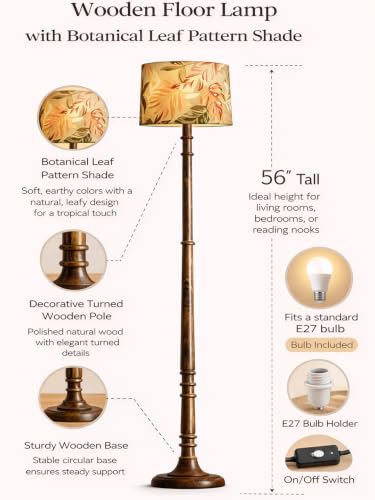 Image of Rustic Wood Floor Lamp for Living Room Walnut Brown with Multicolor Fabric Lamp Shade | Light Decoration for Home Side Lamp for Living Room | Antique Floor Light, (Candlestick Palm Leaf)