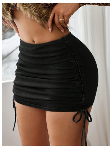 MakeMeChic Women's Denim Mini Skirt Ruched Drawstring Side Bodycon Y2k Mini Jean Skirts3