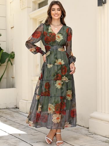ANRABESS Womens Floral Long Sleeve Maxi Dress V Neck Chiffon Flowy Boho A-Line 2026 Spring Wedding Guest Party Wrap Dresses Red Yellow Rose X-Large — view 3