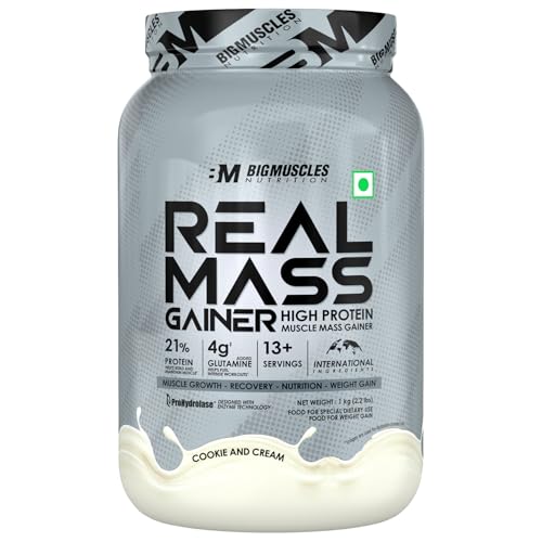 Bigmuscles Nutrition Real Mass Gainer [1Kg, Cookie & Cream ] | Lean Whey Protein Muscle Mass Gainer | Complex Carbohydrates, | 1000 Calories