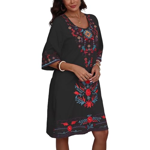 Image of Grosy Women's Embroidered Mexican Fiesta Dress Plus Size Traditional Floral Boho Dresses for Women Peasant Hippie Outfit