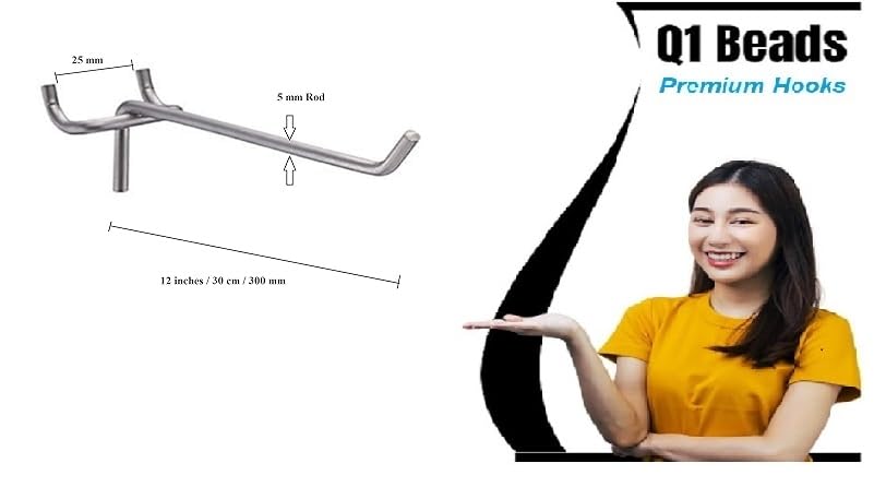 Image of Q1 Beads 12 Pack 12 inch Heavy Duty Peg Hooks for 1 inch Spaced Pegboards, Utility Hooks for Wall Organizing in Home or Garage (Chrome, 30 cm, 12 Pcs)