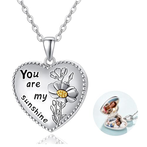 Dreamboat Personalized Heart Locket Necklace for Women 925 Sterling Silver Custom You Are My Sunshine Lockets Pendant That Holds Pictures Photo Keepsake Jewelry Anniversary Birthday Gifts