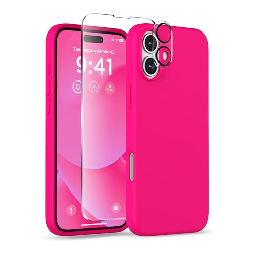 Image of Magnetic for iPhone 16 Case, Compatible with MagSafe, Liquid Silicone Phone Cover with Screen Protector & Camera Protector, Soft Anti-Scratch Microfiber Lining Inside 6.1 inch, Neon Pink