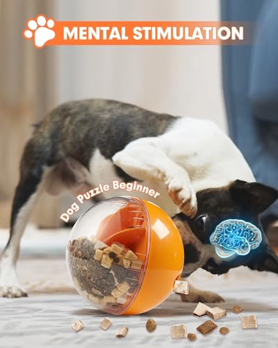 Enrichment Interactive Dog Treat Toy - Level 1 Mental Stimulation for Dogs，Mentally Stimulating Dog Toys for Boredom Busy (Beginner-Orange 5.6" Squeaky Ball)