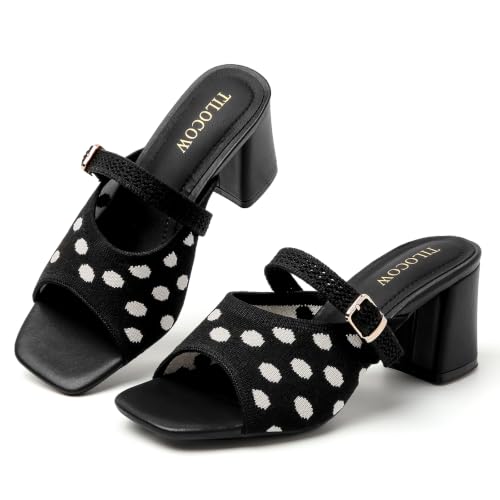 Image of Tilocow Knit Heeled Sandals for Women Square Open Toe Heeled Mules Chunky Block Low Heel Slip On Slides