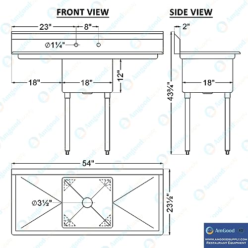 Image of AmGood Stainless Steel Prep & Utility Sink | 304 Stainless Steel | Restaurant, Kitchen, Laundry, Garage | NSF (23 in. x 54 in. | One Bowl | 2 Drainboards)