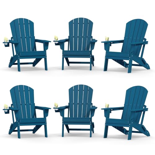 Image of Plawdlik Folding Adirondack Chair Set of 6 with Cup Holder，Wooden Textured ，Heavy All-Weather HDPE Comfortable Set Poolside Backyard Lawn, Navy