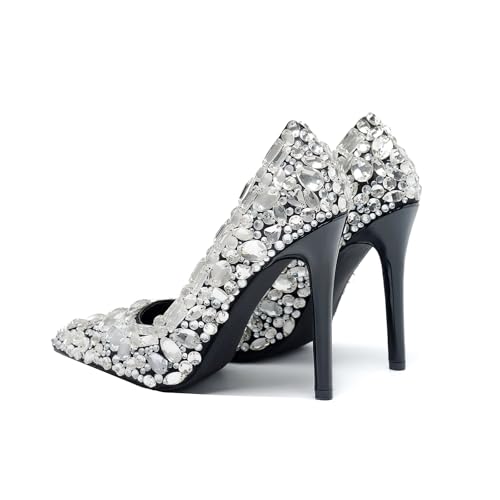 Women's Rhinestone Pointed Toe Pumps Slip On Stiletto Heels 4.3IN Nightclub Party Wedding Dress Shoes4