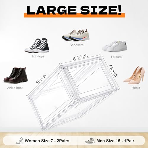 Image of 6 Pack Acrylic Shoe Boxes, Ultra Clear Shoe Boxes Stackable, Shoe Storage Box Sneaker Storage for Sneakerhead, Foldable Shoe Organizer with Magnetic Door, Professional Shoe Display Fits US Size 15