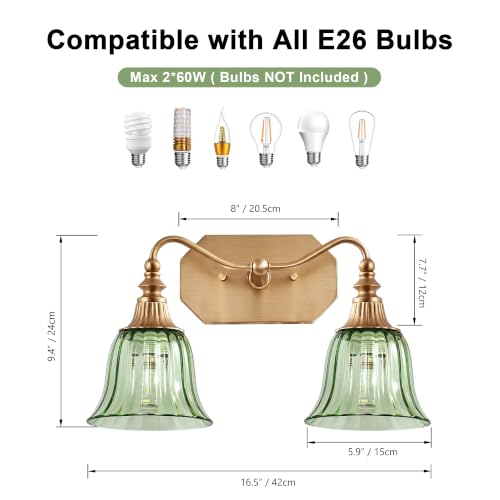 Image of LmnLvn Vintage Gold Bathroom Vanity Light, 2-Light Green Crystal Glass Shade
