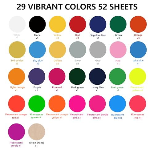 Image of guangyintong HTV Heat Transfer Vinyl Bundle, 52 Pack 12 inch x 10 inch Iron on Vinyl for T-Shirt, 33 Assorted Colors Clossy Reflective and Fluorescent HTV Vinyl for All Cutting Machine Easy to Cut & Weed