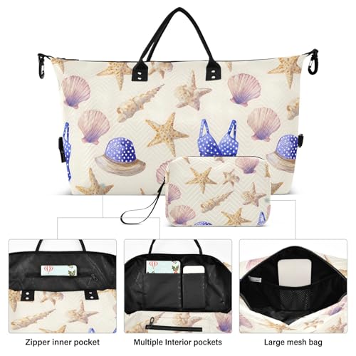 Travel Gym Bag, Beach Accessories Hat Seashells Weekender Overnight Duffle for Women with Toiletry Bag Travel Swim2