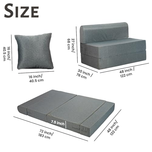 Image of Amazon Brand - Solimo 3 Seater Sofa Bed 6x4 Feet with 2 Cushions, 3 in 1 Convertible Sofa Lounger, Portable Foldable Foam Mattress with Washable Cover for Living Room Bedroom - Grey