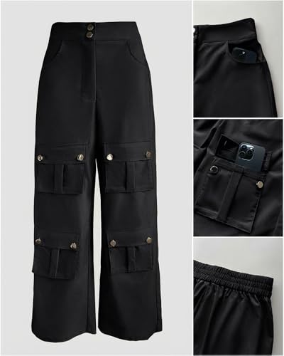 CHICME Women's High Waist Cargo Pants Zipper Fly Flap Pockets Design Elastic Back Waist Wide Leg Baggy Pants Black-L
