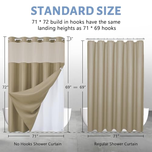 Image of Furlinic Waffle Weave No Hook Shower Curtain with Snap in Fabric Liner Set,Heavy Duty Textured Bathroom Curtain with See Through Window,Waterproof & Machine Washable,Hotel Style,Beige,71x72 Inch