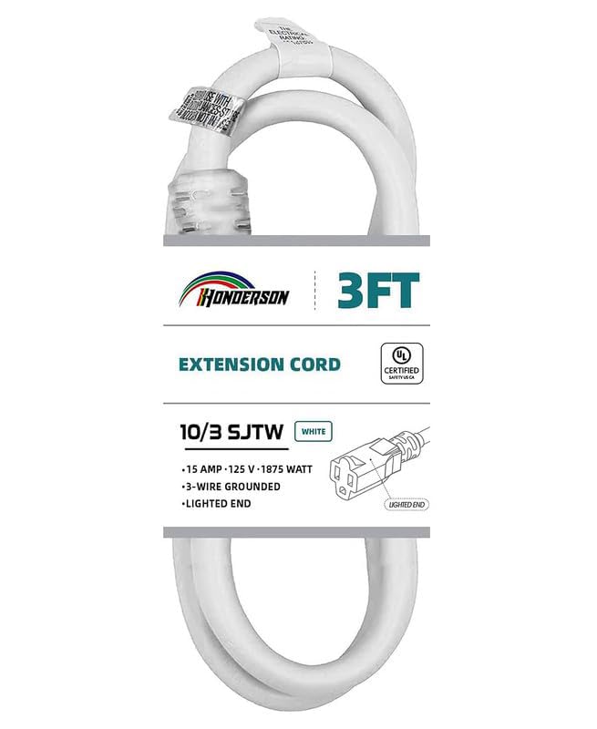Indoor Outdoor Extension Cord Weatherproof with Lighted End, UL Listed, 10 Gauge 3FT White 3 Prong Heavy Duty Extension Cord, 10/3 SJTW 15A Power Extension Cord for Outdoor Lights, Lawn