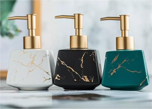 Image of Luxury Ceramic Soap Dispenser (Luxe White) - 300 ml Matte Glazed with Gold Marbling Triangular Refillable Lotion & Handwash Pump Bottle for Bathroom, Kitchen Sink & Wash Basin Decor