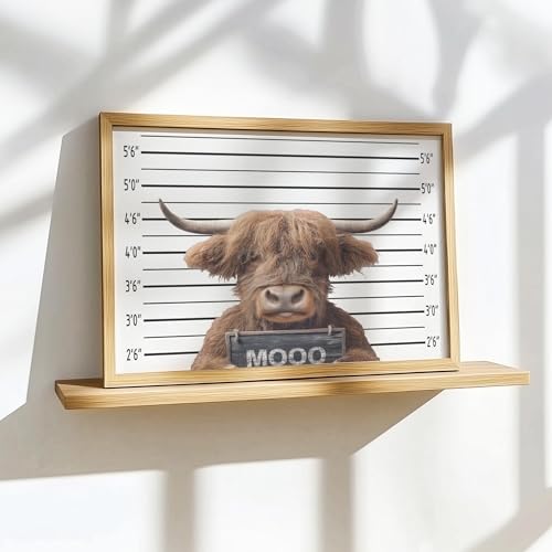 Image of aj decor Highland Cow Mugshot Wall Art Print Poster, Dog Pet Lover Picture Painting Artwork Bedroom Living Room Office Dining Room 151D (Highland Cow Mugshot, 11 inch W x 14 inch L, Wood Frame)