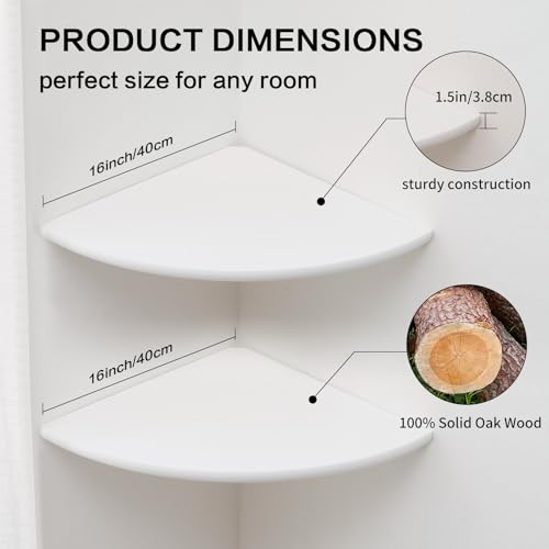 Image of Corner Wall Shelves, White Floating Corner Shelf, Set of 2 16inch Solid Oak Wood Shelves, Round End Wall Mount Display Shelf with Wire Hole for Small Plant for Bedroom Kitchen, Living Room
