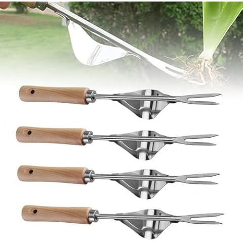 WANYANG 2/3/4pcs Weed Puller Tool with Metal Base and V-Shaped Fork, Stainless Steel Weeding Artifact Uprooting Weeding Tool,Stainless Steel with Wood Handle Manual Hand Weeder Tool for Cover