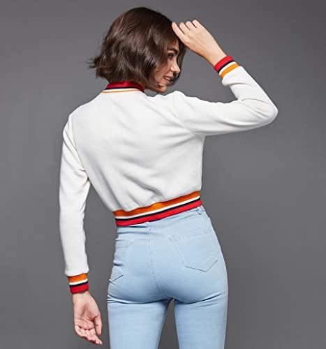 Image of Miss Chase Women's Off White V-Neck Full Sleeves Bomber Cropped Jacket