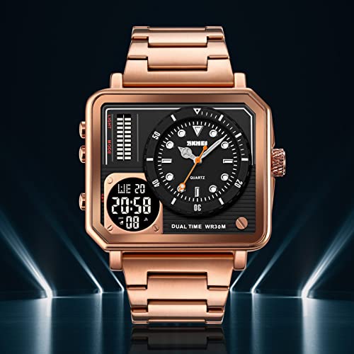 SKMEI Men's Square Watch, LED Backlight Large Screen MultiTime Zone