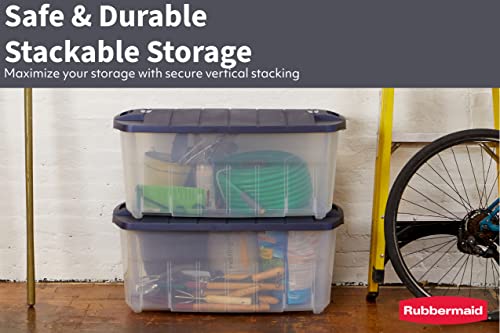 Rubbermaid 28 Gallon Jumbo Clear Tote, Stackable, Large Capacity, Home, Garage, And Office Storage Organizers, Durable Snap-Tight Lids, Clear Bins/Dark Indigo Metallic Lids, Pack Of 2 #TOP2