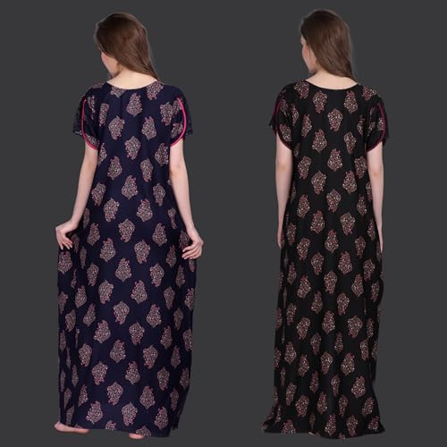 Image of Women's Alpine Botanical Leaves Print Maxi Nightgown with Pocket