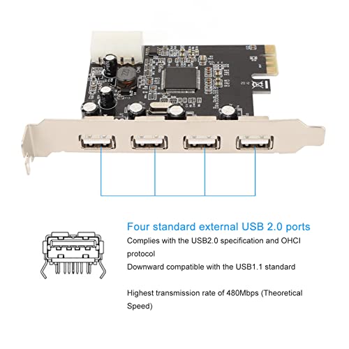 Karta Rozszerzeń PCIe na USB2.0, 4 Porty 4 Pin Power 480 Mb/s Karta Adaptera PCIe na USB2.0 dla Komputera Stacjonarnego, dla Win, dla Win XP, dla Vista, dla Linux, dla OS X