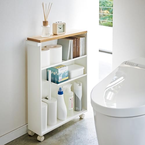 Yamazaki Home Rolling Slim Bathroom Utility Cart with Handle - Storage Shelf Narrow Organizer Rack Steel One Size White - Thumbnail 3