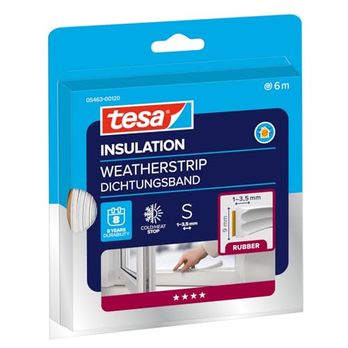 tesa INSULATION Dichtungsband S -Selbstklebende Gummidichtung zum Isolieren von Spalten an Fenstern und Türen - Weiß - 6 m x 9 mm x 4 mm