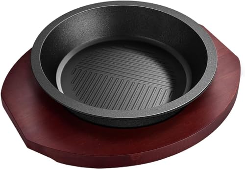 CTCOIJRN Poêle de Service Ronde en Fonte, approfondit Le Steak grésillant, Assiette à Steak avec Base en Bois for Servir des Plats Chauds grésillants(Size:22 * 3.8cm)