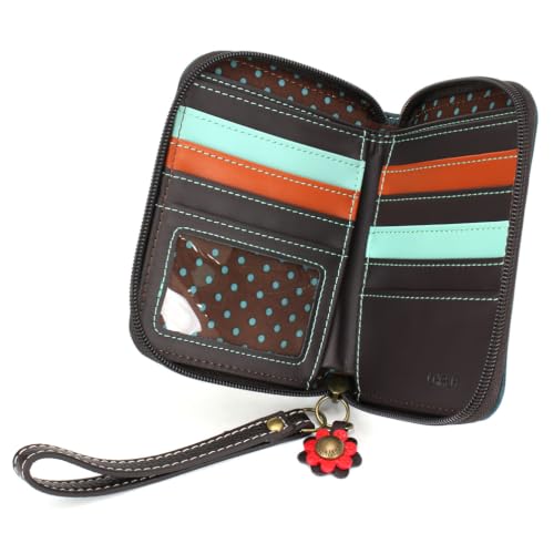 Image of CHALA Zip Around Wallet, Wristlet, 8 Credit Card Slots, Sturdy Pu Leather - Hen with Chicks - turquoise