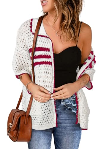 Image of Dokotoo Womens Summer Cardigans Short Sleeve Crochet Cardigan Sweaters Collar Neck Color Block Vacation Outfits