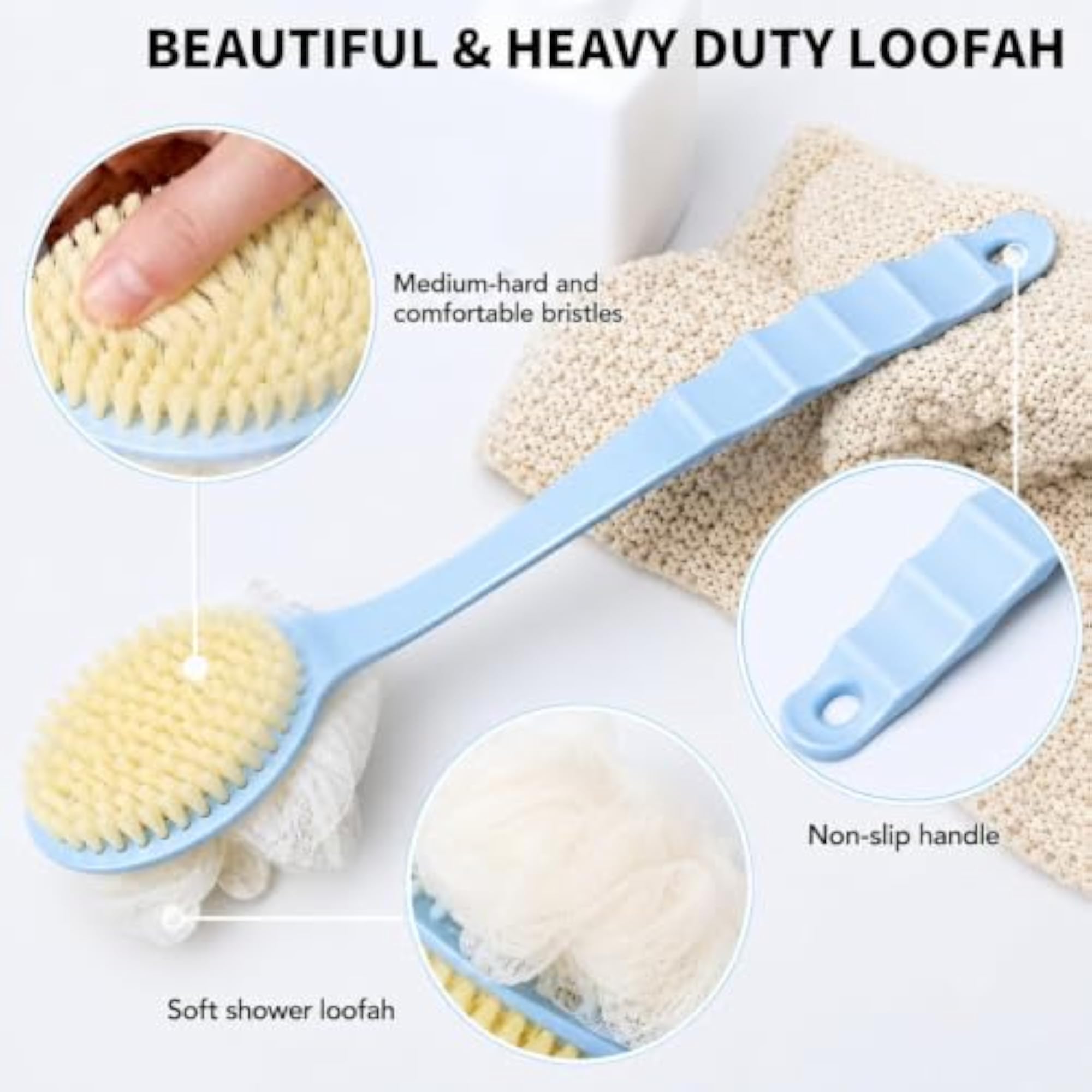 2 in 1 Loofah Back Body Bath Brush with Long Handle