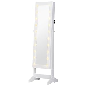 HOMCOM HOMCOM Espejo Joyero con 20 Luces LED Armario Joyero Reclinable con Guardajoyas Anillos Pendientes Collares Cerradura y Llaves 40x37x146 cm Blanco