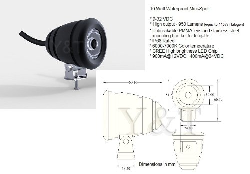 Mini Spotlight 10 Watt LED Fixture (9 to 30 VDC) - 10 Watt Cool White LED Spotlight for Auto, Motorcycle, Truck, RV, Boat and Aircraft - Image 6