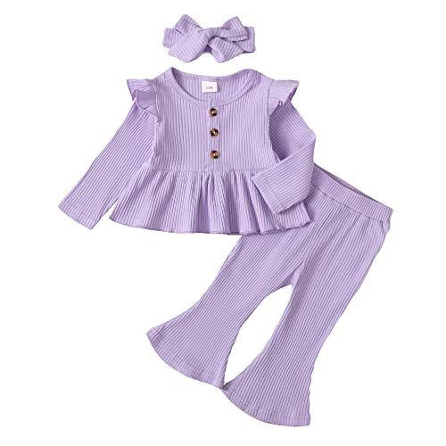 Image of Infant Baby Girl Clothes Fall Winter Toddler Girls Outfits Flared Pants Set | Toddler Baby Girl Outfits, Fall Winter Clothes, Infant Clothing, Ruffle Top Flare Pant Set with Headband, Gifts, Baby Stuff